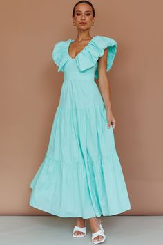 Kahlo Puffed Ruffle Neckline Maxi Dress Mint by Selfie Leslie Square Neck Ruffle Dress, Light Blue Tiered Maxi Dress For Brunch, Preppy Blue Maxi Dress, Florida Dresses, Casual Light Blue Maxi Dress With Ruffles, Greece Dresses, Preppy Maxi Dress, Blue Ruffle Hem Maxi Dress, Flowy Blue Ruffle Maxi Dress