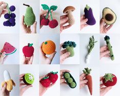 many crocheted fruits and vegetables are shown