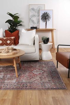 a living room filled with furniture and lots of plants on top of the rugs