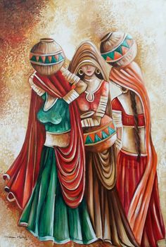 an oil painting of three women dressed in colorful clothing