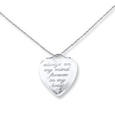 This sentimental heart-shaped locket necklace for her is enhanced with the phrase "Always on my mind, forever in my heart." The sterling silver pendant sways from an 18-inch cable chain that fastens with a spring ring clasp. Forever In My Heart, Fan Jewelry, Eternity Ring Gold, Faith Jewelry, Always On My Mind, Heart Locket Necklace, Jewelry Lockets, Necklace For Her, On My Mind