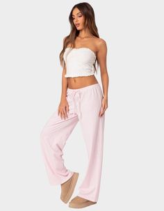 EDIKTED Olivia Striped Loose Fit Pants - LIGHT PINK | Tillys Cute Pants For Women, Edikted Outfits Ideas, Casual Pink Sweatpants For Pajamas, Pink Brandy Linen Pants, Cute Pink Pants, Trendy Fitted Pink Sweatpants, Cute Pink Pajama Pants, Pink Low Rise Sweatpants, Brandy Pants