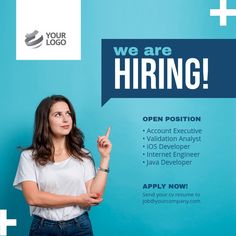 a woman standing in front of a blue background with the words, we are hiring