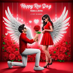 a man kneeling down next to a woman in front of a red wall with roses