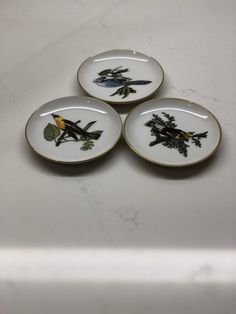 three small plates with birds on them sitting on a counter top next to each other