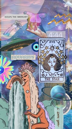 a collage of images with an image of a woman in the water and other things around her