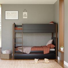 there is a bunk bed in the corner of this room, with two children's toys on the floor