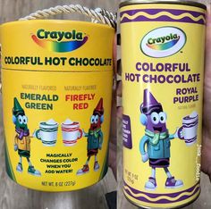 two cans of crayola's colorful hot chocolate are shown in this composite image