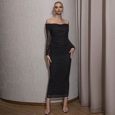 F00206085-104 Off Shoulder Formal Dress, Black Semi Formal, Urban Party, Long Sleeve Mesh Dress, Black Mesh Dress, Split Dress, Midi Cocktail Dress, Midi Dress Party, Fall Dress