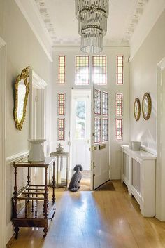 a dog sitting on the floor in front of a white door and chandelier