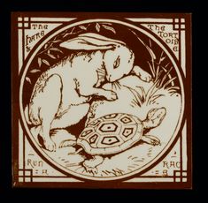 an image of a rabbit and turtle in woodcut style