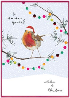 a christmas card with a bird sitting on a branch in front of the words to someone special