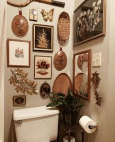 a white toilet sitting in a bathroom next to a wall filled with pictures and plants