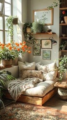 a living room filled with lots of potted plants and flowers on top of windowsills