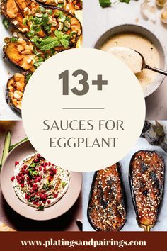 an eggplant with the words 13 + sauces for eggplant on it