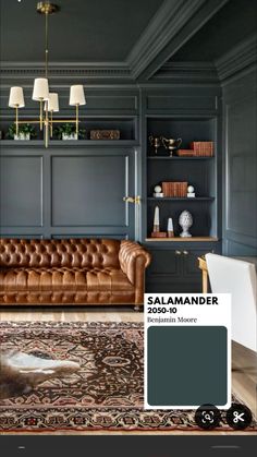 a living room with dark blue walls and leather couches, rugs and lamps