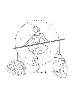 a black and white drawing of a ballerina on a tightrope holding a bar