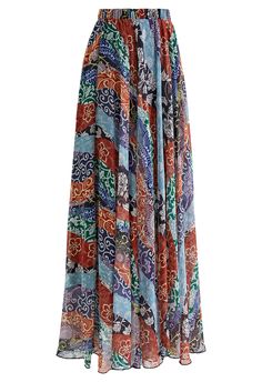 Brighten up your wardrobe with this fun, flowy boho maxi skirt! This stunning skirt has an elastic waist to accentuate your natural curves and the artistic print for its boho finish.           Chiffon fabric finished   Bohemian style   Blossom print   Elastic waistband   Slightly asymmetric hem   Lined   100% Polyester   Hand wash cold        size & fit          CM    IN                            Size          Length          Waist                      XS-S          100-105          58-68                      M-L          100-105          70-80                    XL-XXL          100-105          82-92                                               Size          Length          Waist                      XS-S          39.5-41.5          23-26.5                      M-L          39.5-41.5 Maxi Skirt Blue, Boho Maxi Skirt, Skirt Winter, Chiffon Maxi Skirt, Maxi Skirt Boho, Boho Skirt, Blossom Print, Boho Skirts, Chic Top