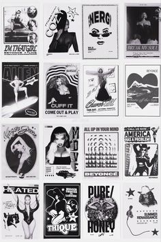 black and white posters are arranged on the wall in front of each other, including one woman