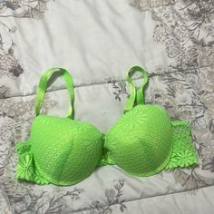 Never Worn Lace Neon Green Bra Size 34b Green Lace Bra With Padded Cups, Fitted Green Underwire Bra, Fitted Green Bra With Padded Cups, Elegant Green Push-up Bra, Green Fitted Lace Bra, Elegant Green Bra With Padded Cups, Elegant Green Underwire Bra, Green Lace Party Bra, Green Stretch Bra For Spring