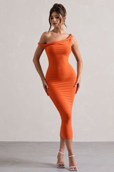 Salome Orange Twisted Asymmetric Midi Dress – Club L London - USA Midi Bridesmaid Dress, Sleek Updo, Club L London, Style Lookbook, Elegant Outfits, Black Tie Gala, Fashion Designing, Lady Fashion, Party Dress Long Sleeve