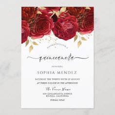 an elegant wedding card with red roses and gold foil on the front, in black ink