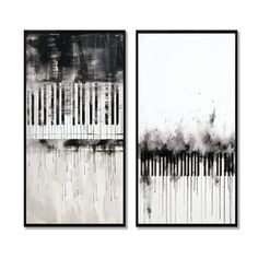 two black and white paintings with piano keys