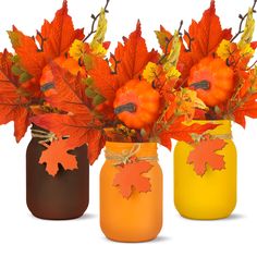 three mason jars with fall leaves and pumpkins in them