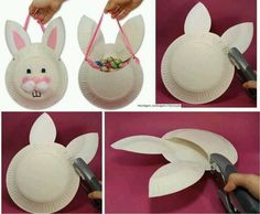 the paper plate bunny is being made with scissors