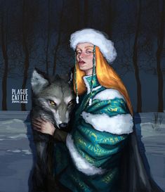 a painting of a woman holding a wolf in the snow