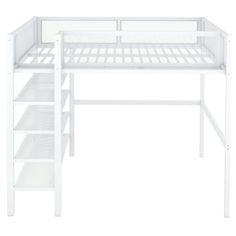 a white bunk bed with shelves underneath it and an open drawer on the bottom shelf