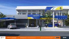 an artist's rendering of a gas station with cars parked at the entrance and people walking around