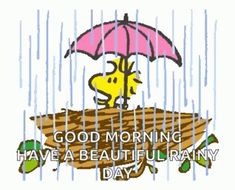 a cartoon character holding an umbrella with the words good morning have a beautiful day