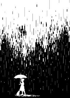 a person holding an umbrella standing in the rain with black and white splats