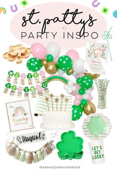 st patrick's day party info board with balloons, shamrocks and other items