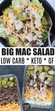 two pictures with different types of salads in them and the words, big mac salad low carb keto gravy