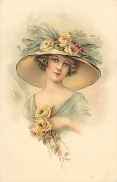 a woman wearing a large hat with flowers on it's brim and holding a flower in her hand