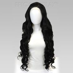 Urania Black Long Curly Lace Front Wig Urania has soft waves that transform into gorgeous curls, coupled with the lace front that makes her a versatile and beautiful wig no matter the look you're going for! Measuring from lace front to end, the fibers are approximately 35" long. The back is about 24" from the nape of the neck to where the wig ends. The unventilated lace is 13" x 1.25", while the ventilation is approximately 2" deep. The long curled fibers make Urania perfect to style for a varie Black Lace Wig, Black Wigs, Emo Stuff, Epic Cosplay, Short Hair Wigs, Drawing Studies, Wave Wig, Curly Lace Front Wigs, Beautiful Wigs