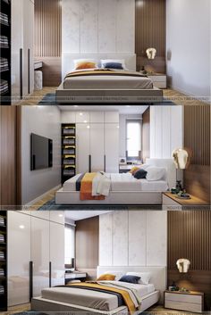 four different shots of a bedroom with white walls and wood paneling on the wall