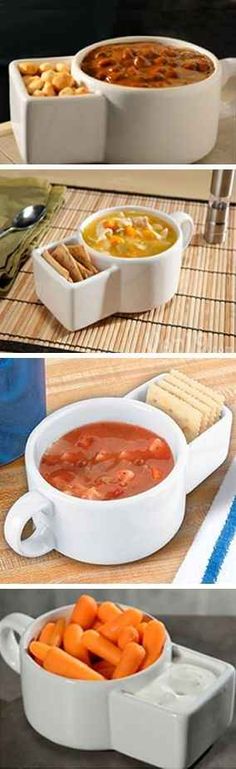 two pictures show different types of food in bowls and on trays, one is soup and the other has crackers