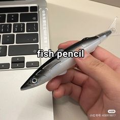 a person is holding a fish pen in front of a laptop computer with the words fish pencil written on it