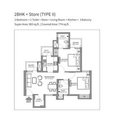 the floor plan for two bedroom apartment at 2 blkk + store type i