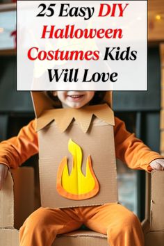 a little boy sitting in a cardboard box with the words 25 easy diy halloween costumes kids will love