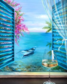 a painting of a boat in the water and a glass of wine on a table