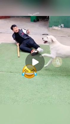 a woman is playing with a white dog