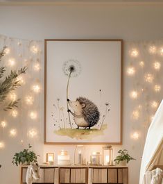 a hedgehog with a dandelion on it's head sitting in front of a painting