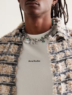 Acne Studios' silver-tone choker is pierced with bar bells and hoops, some of which are are accented with lustrous faux pearls or a metallic green coating. It adjusts between three lengths, so you can customise it to best complement your shirt. Men’s Jewelry, Mens Piercings, Metal Logo Design, Activewear Photoshoot, Phoenix Rising, Satin Shorts, Mens Jewelry Necklace, Jewelry Fashion Trends, Jewelry Lookbook