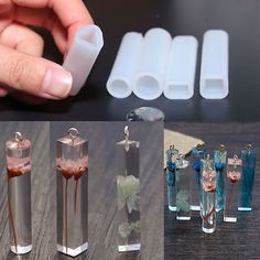 several different types of glass pipes are shown in this collage, including one being filled with liquid and the other is empty