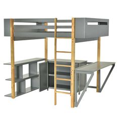 a loft bed with desk and shelves underneath it