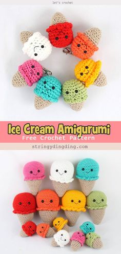 crocheted ice cream amigurmi is shown in different colors